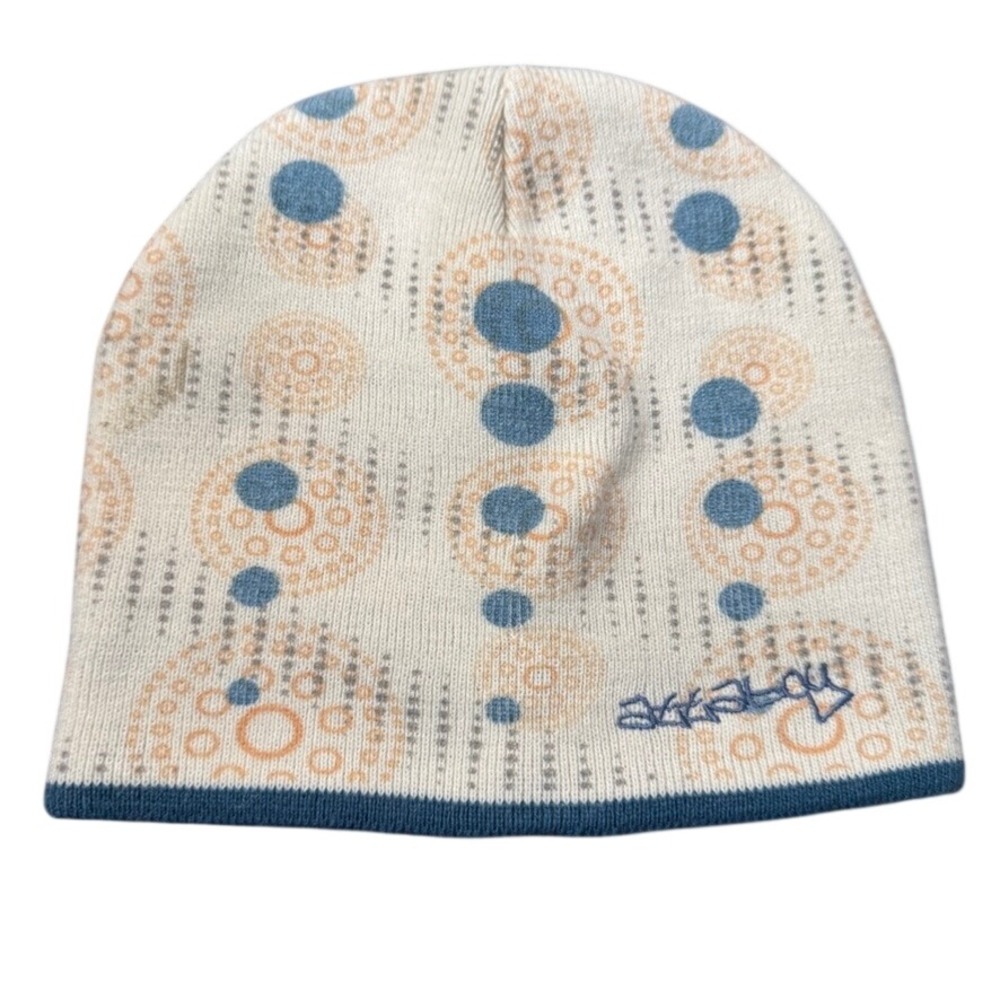 Attaboy Beanie Hat Cream Blue Orange Geometric Circle Knit Acrylic